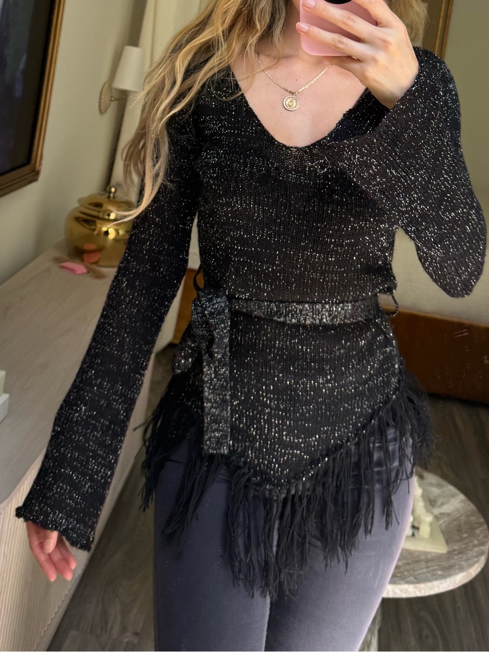 Rampage Y2K Black Metallic Sheer Knit Fringe Bell Sleeve Tie Belt Top M